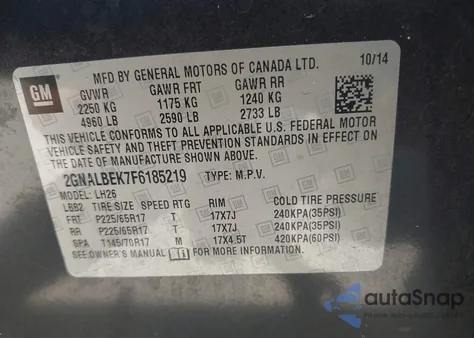 2015 Chevrolet Equinox 1Lt z USA, uszkodzony, nr VIN 2GNALBEK7F6185219